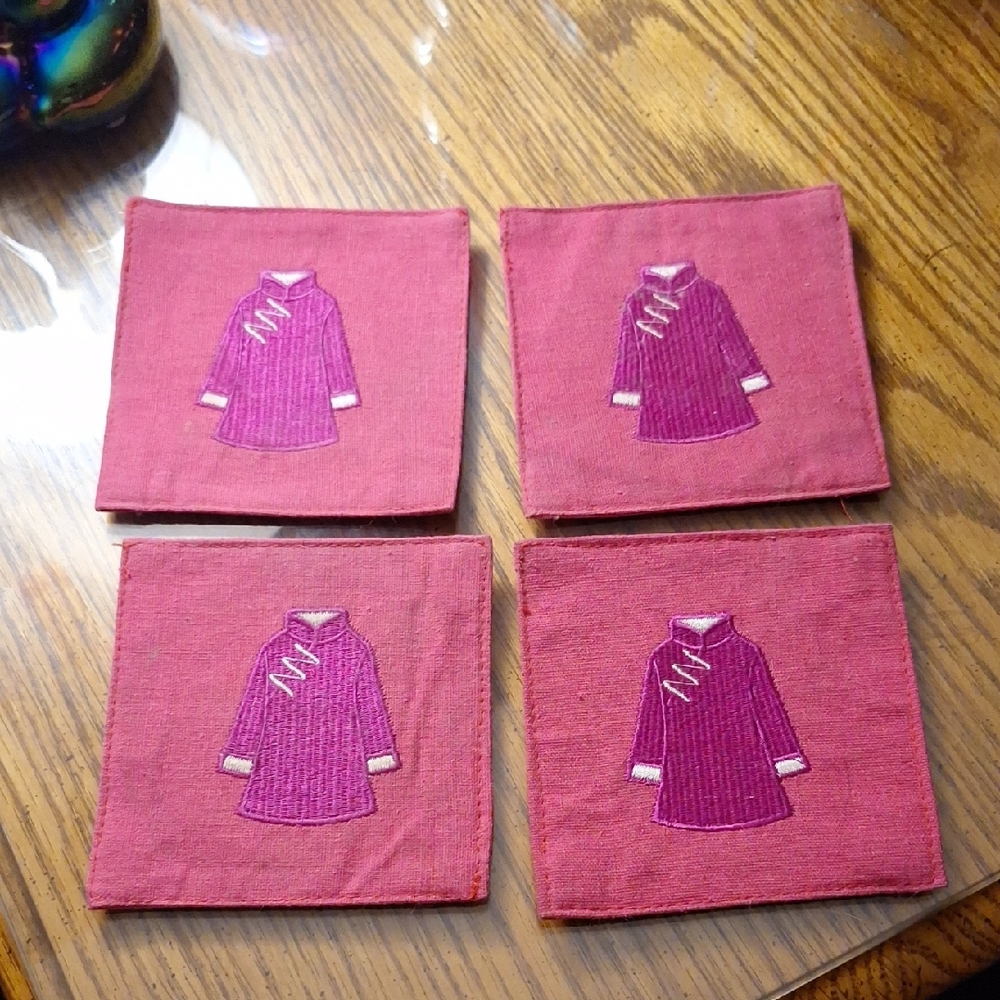Set of Four Pink Kimono Embroidered Coasters